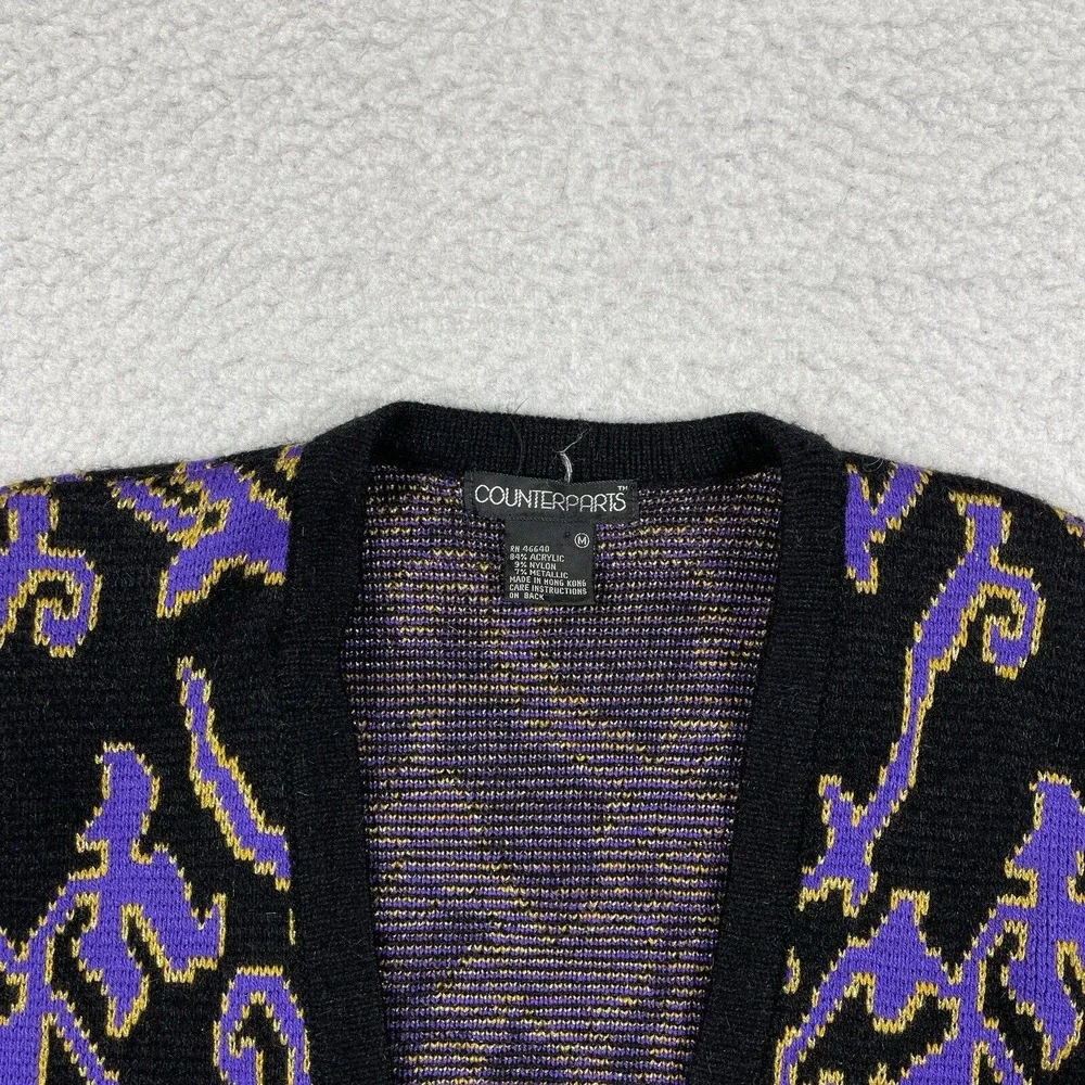 Counterparts Sweater Womens‎ Medium Black Purple Vintage Hong Kong Knit Cardigan